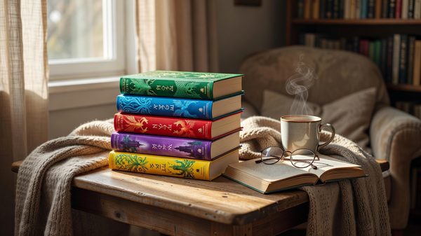 Stack of colorful young adult fantasy novels on a wooden table beside reading glasses