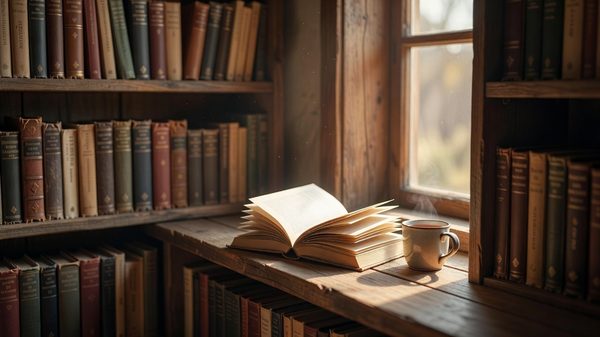 Sunlit wooden reading nook with an open book resting on the windowsill, warm afternoon light across the pages