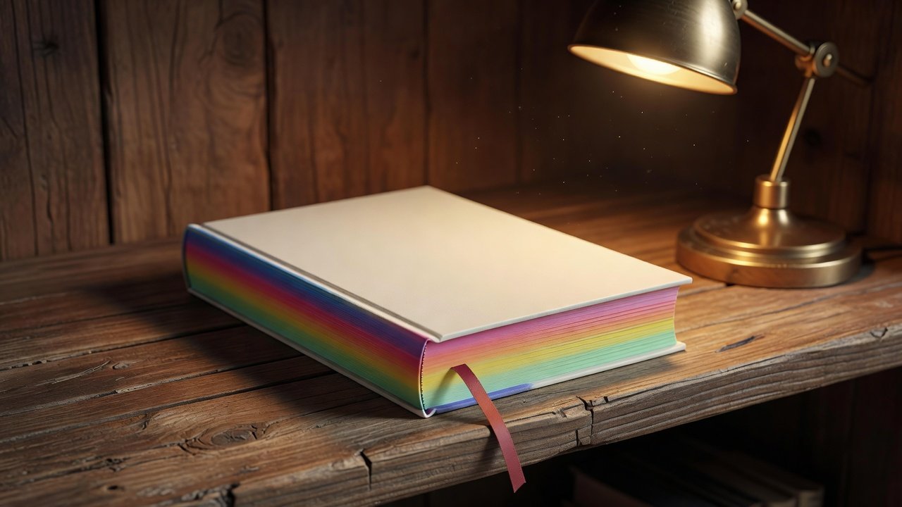 A hardcover novel with colored sprayed edges lying on a wooden shelf beside a ribbon bookmark and a brass reading lamp