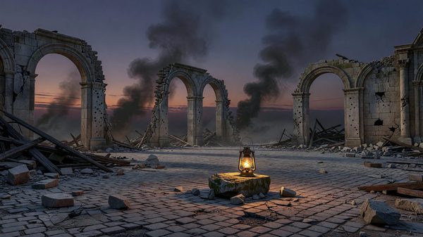 A war-torn academy courtyard at dusk, smoke rising in the distance beyond broken stone archways, a single lantern still lit